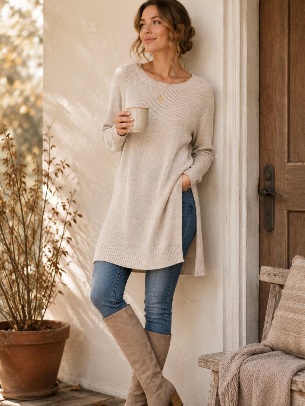 Anthropologie Moth Pasadena Sweater Tunic Cashmere Blend Beige Split Hem M